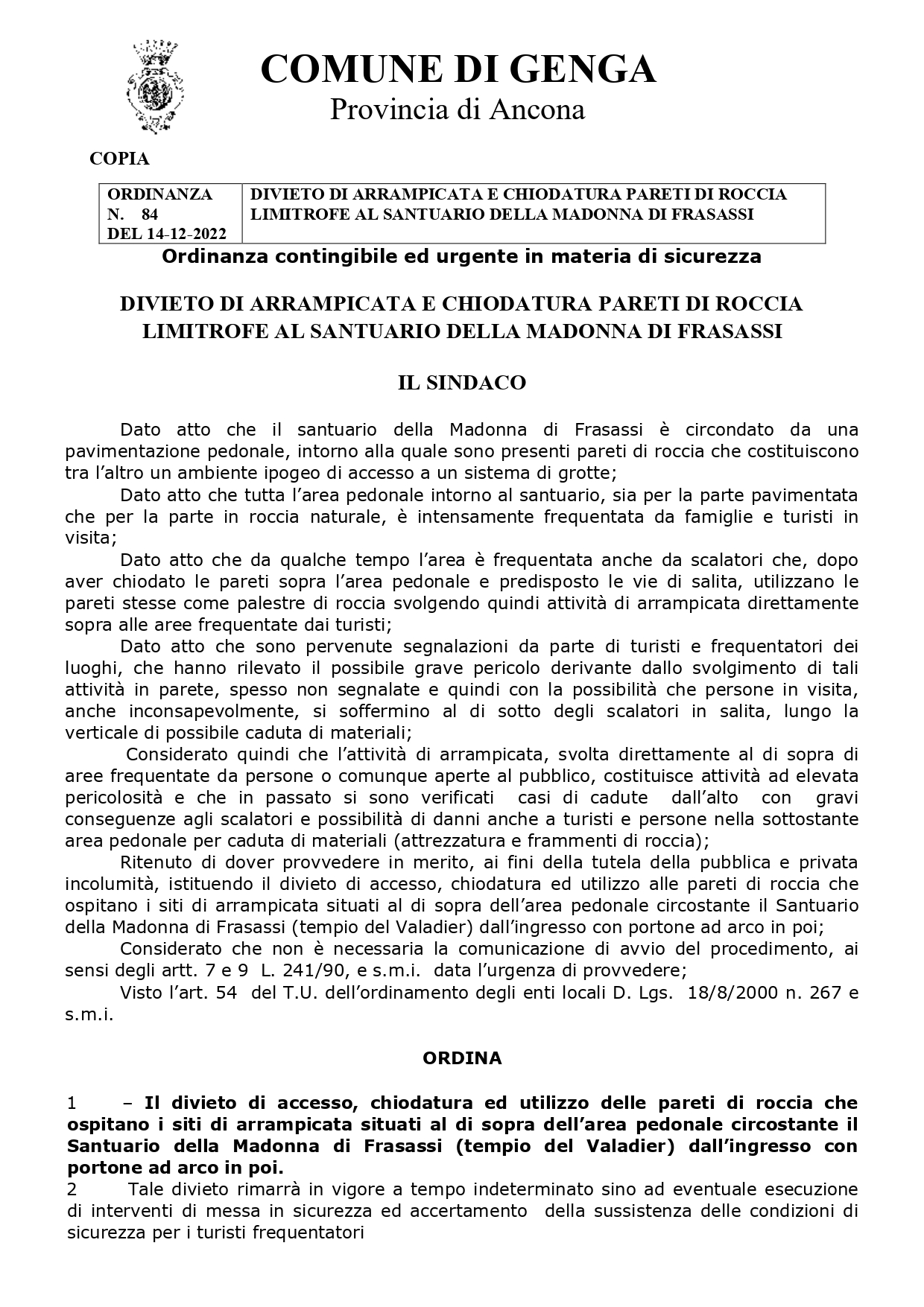 Ordinanza di chiusura del Tempietto