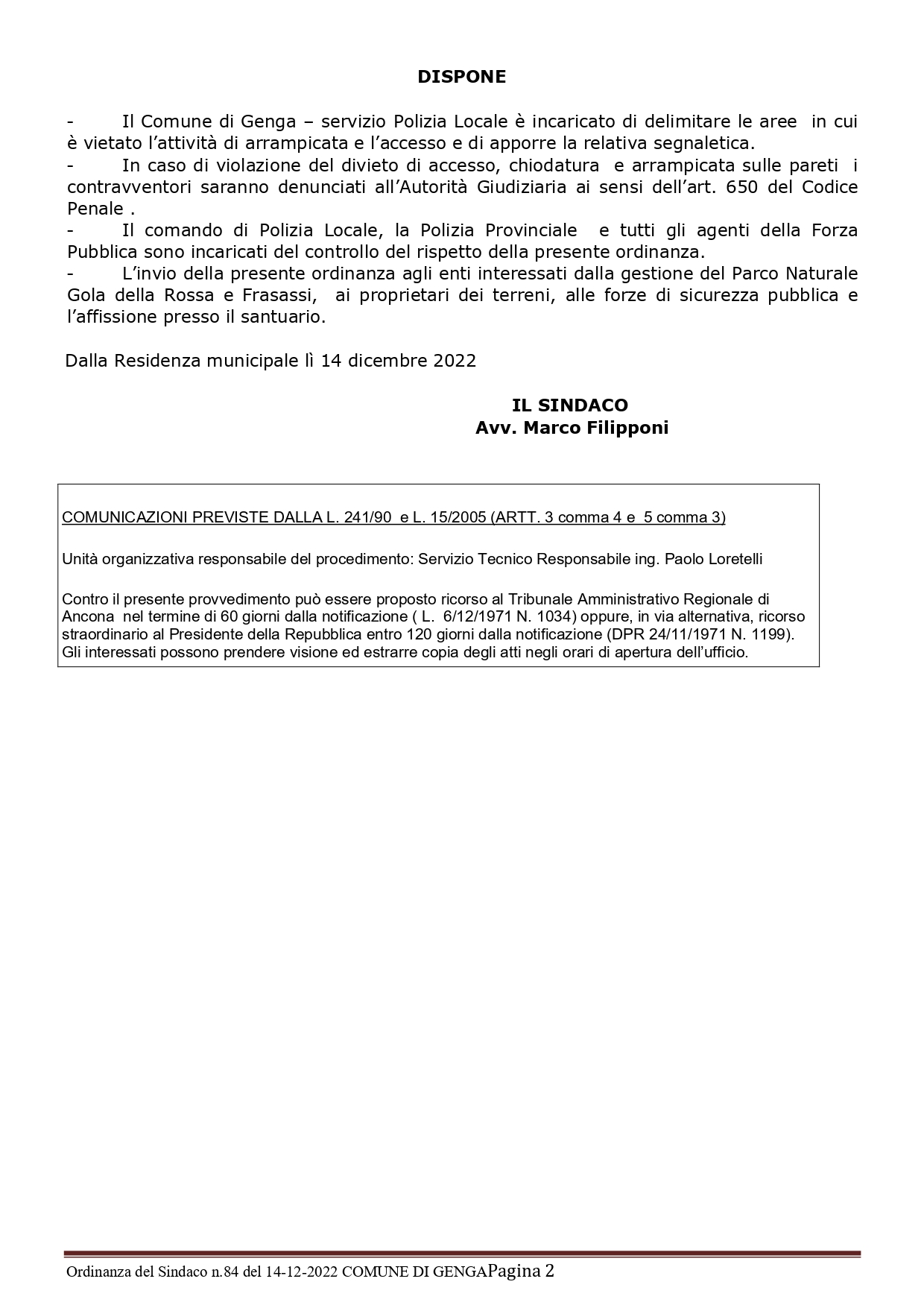 Ordinanza di chiusura del Tempietto